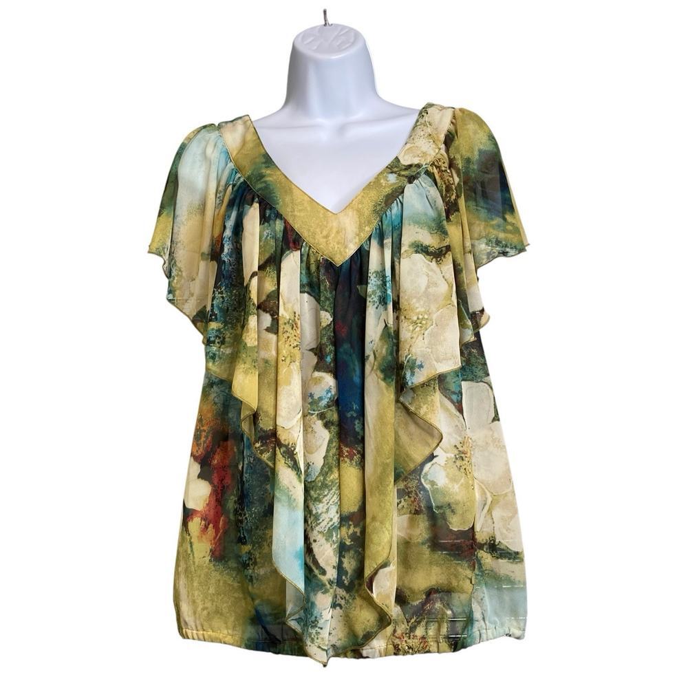 Sunny Leigh Women's Green Yellow Watercolors‎ Blouse Size L Boho Art To Wear